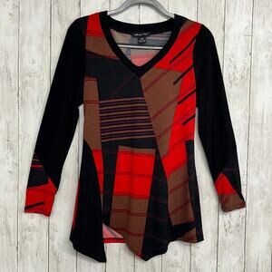 Michael Taylor Long Sleeve Asymmetrical Black Red Artsy Color Block Blouse Small